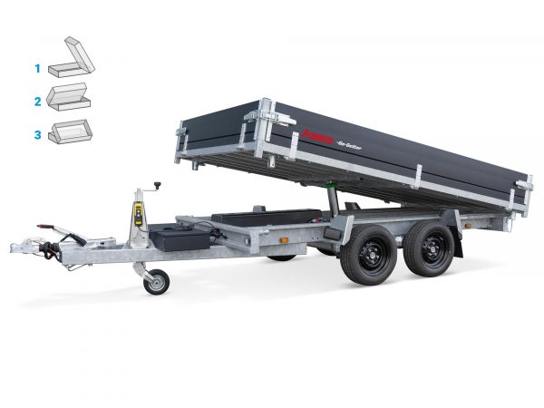 3 Seiten Kipper 3000 kg ALU Tandem mit Elektropumpe KSX3000. 305x178x30cm Go-Getter
